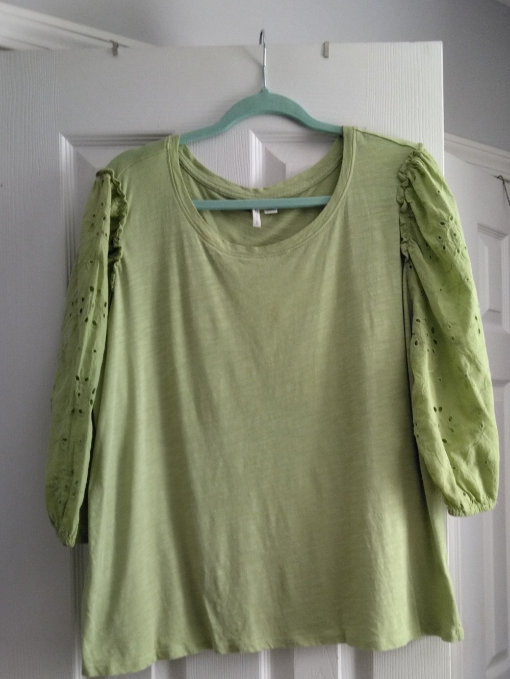 Cato Light Green Eyelet Puff-Sleeve Long Sleeve Top